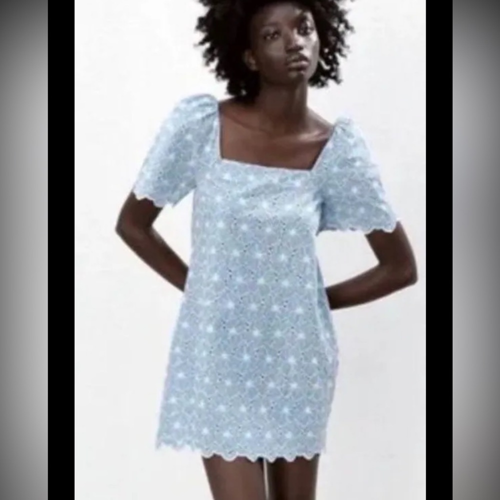 Zara Light Blue and White Floral Eyelet Shift Mini Dress